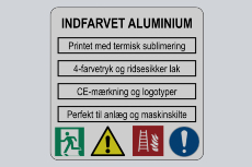 Indfarvet aluminiumskilt med symboler
